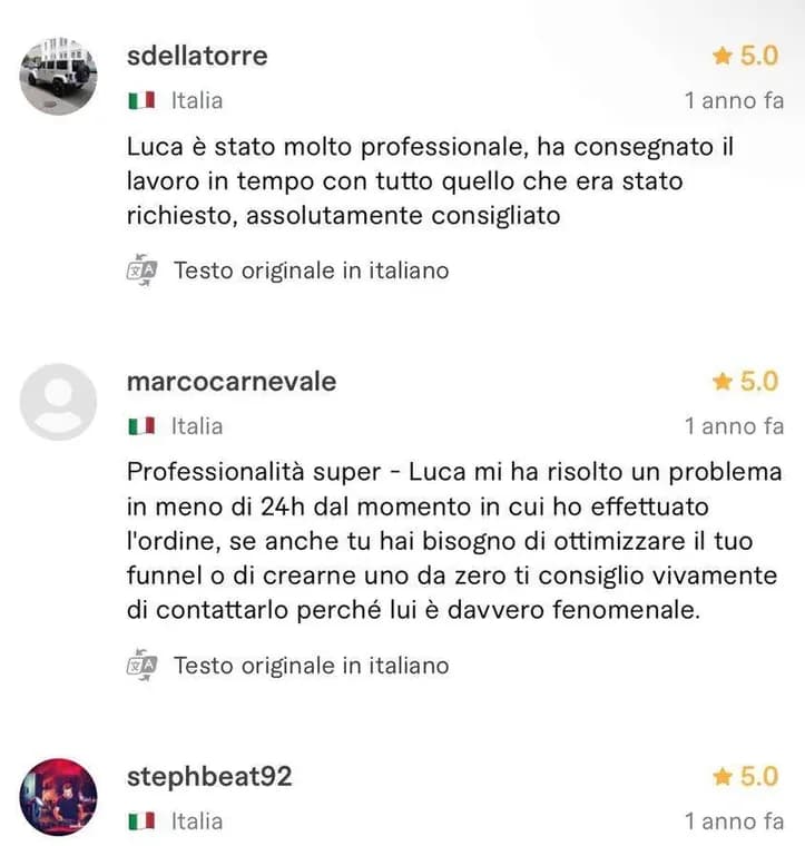 Recensione a cinque stelle pubblicata da un cliente sul profilo Fiverr di Luca Avallone