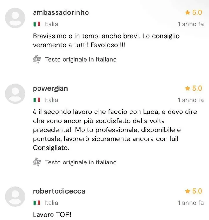 Recensione a cinque stelle pubblicata da un cliente sul profilo Fiverr di Luca Avallone
