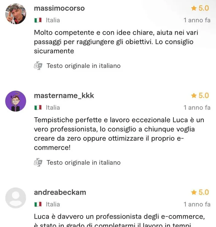Recensione a cinque stelle pubblicata da un cliente sul profilo Fiverr di Luca Avallone