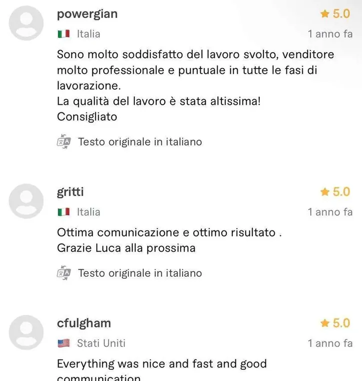 Recensione a cinque stelle pubblicata da un cliente sul profilo Fiverr di Luca Avallone