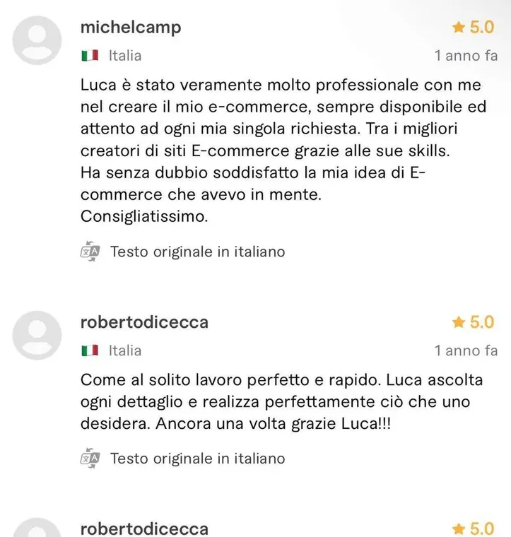 Recensione a cinque stelle pubblicata da un cliente sul profilo Fiverr di Luca Avallone