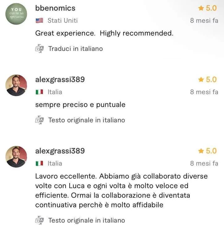 Recensione a cinque stelle pubblicata da un cliente sul profilo Fiverr di Luca Avallone