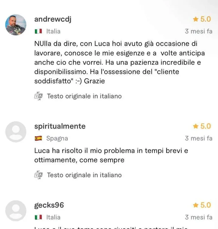 Recensione a cinque stelle pubblicata da un cliente sul profilo Fiverr di Luca Avallone