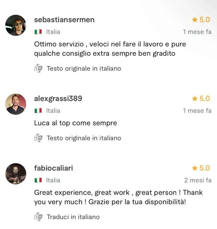 Recensione a cinque stelle pubblicata da un cliente sul profilo Fiverr di Luca Avallone